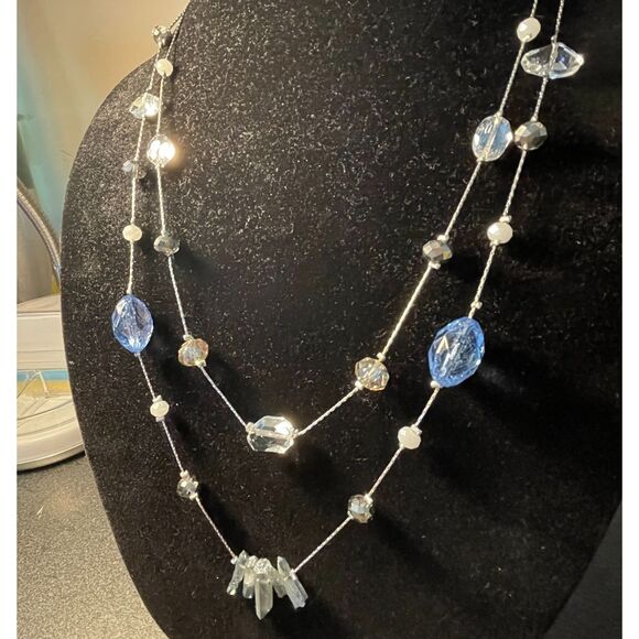 Double-strand blue crystal bead necklace thin silver chains. Secure clasps EUC - Picture 1 of 16